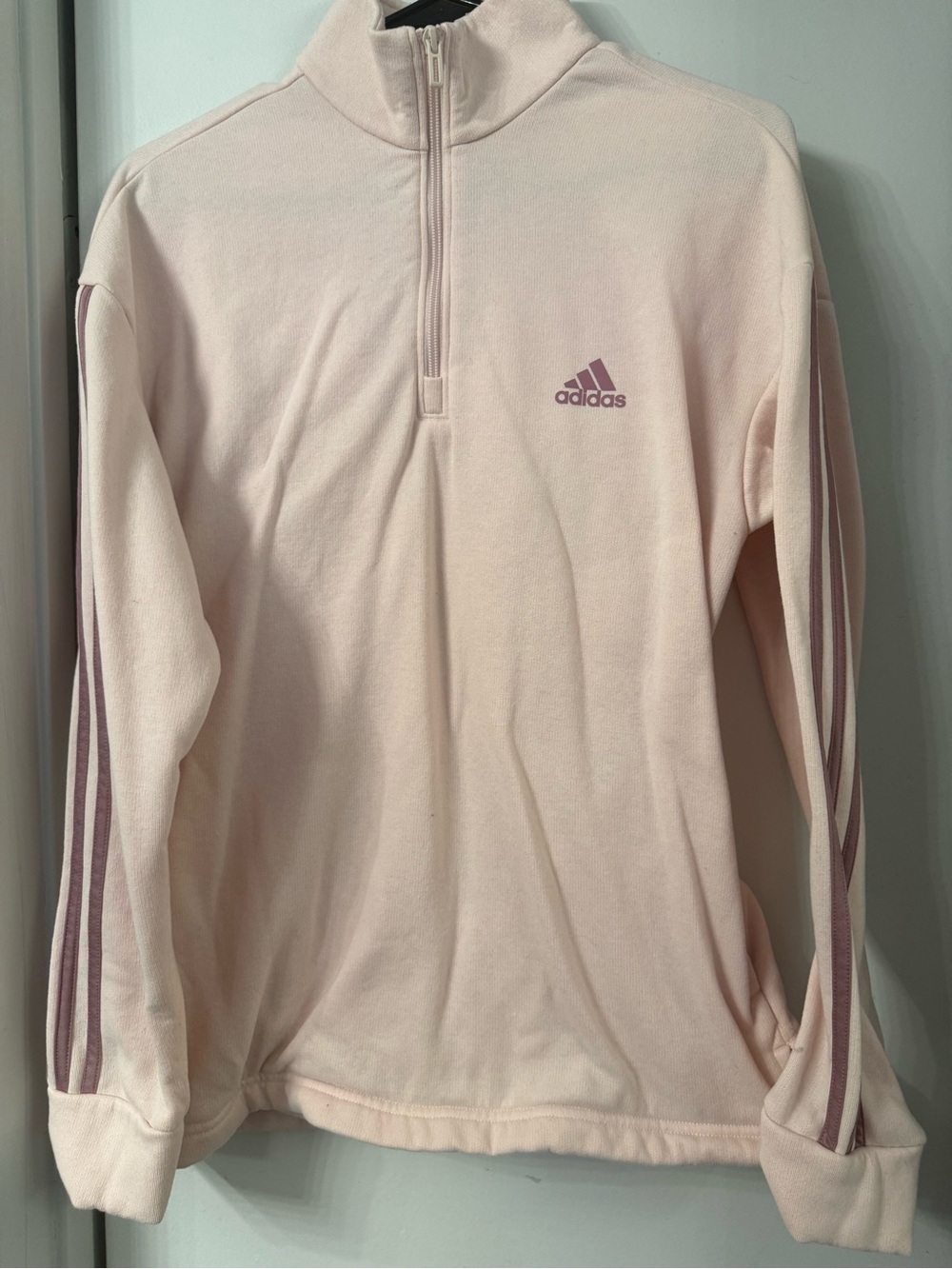 adidas Light Pink Quarter-Zip Pullover with Mauve Stripes